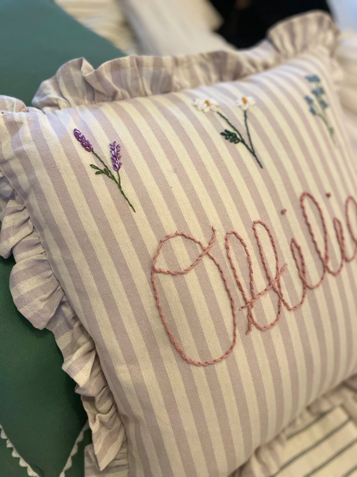 Lilac Stripe Hand Embroidered Pillow