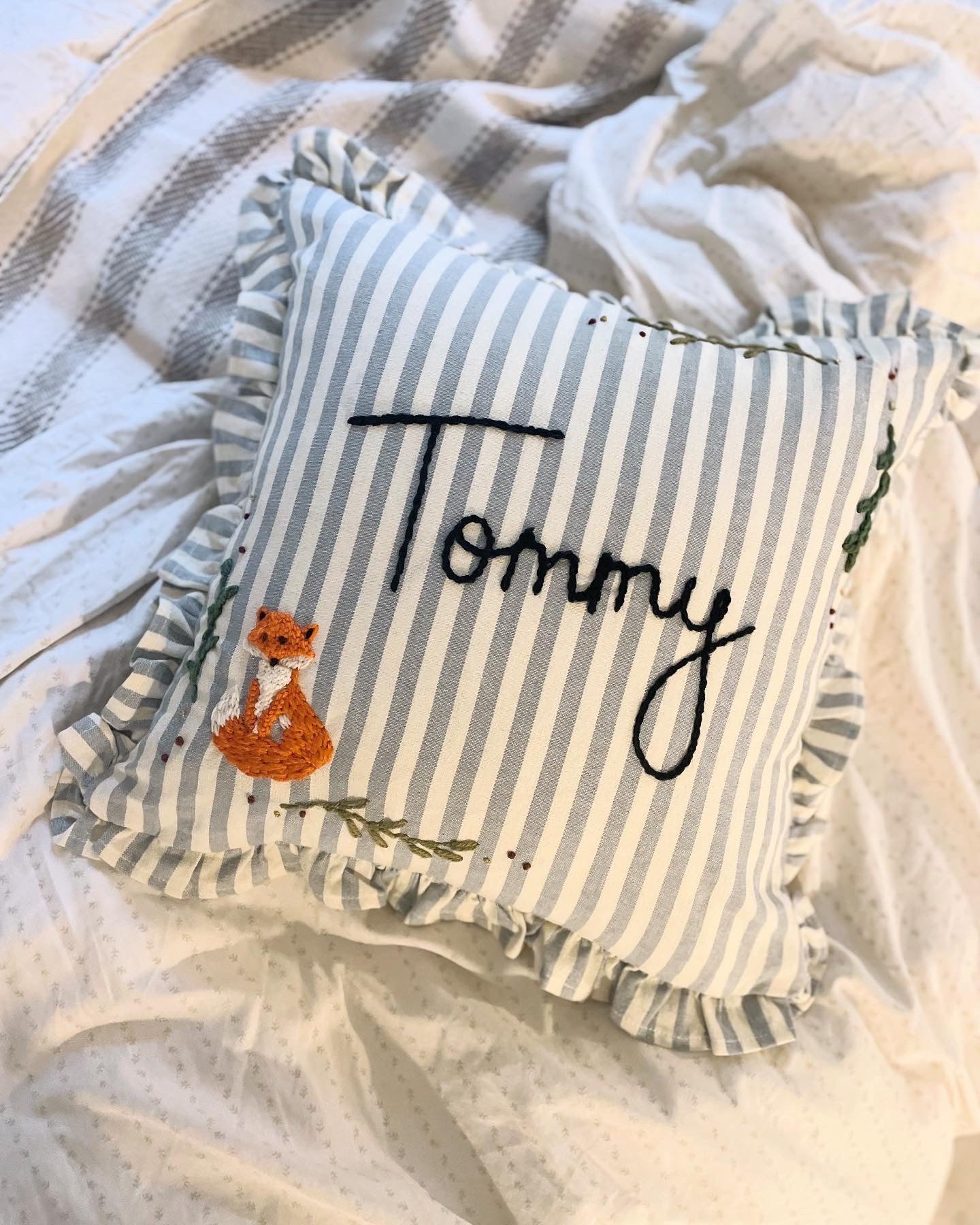 Space Theme Hand Embroidered Blue Stripe Cushion