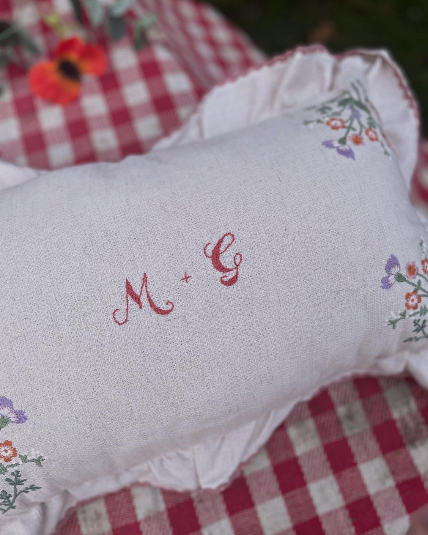 Floral Linen Embroidered Ruffle Trim Pillow