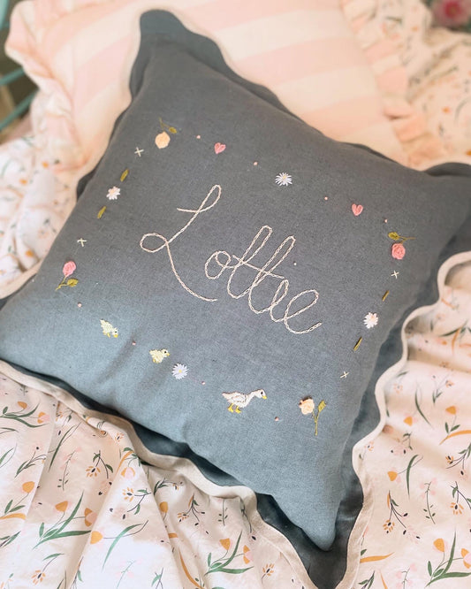 Navy Scallop Trim Bespoke Hand Embroidered Pillow