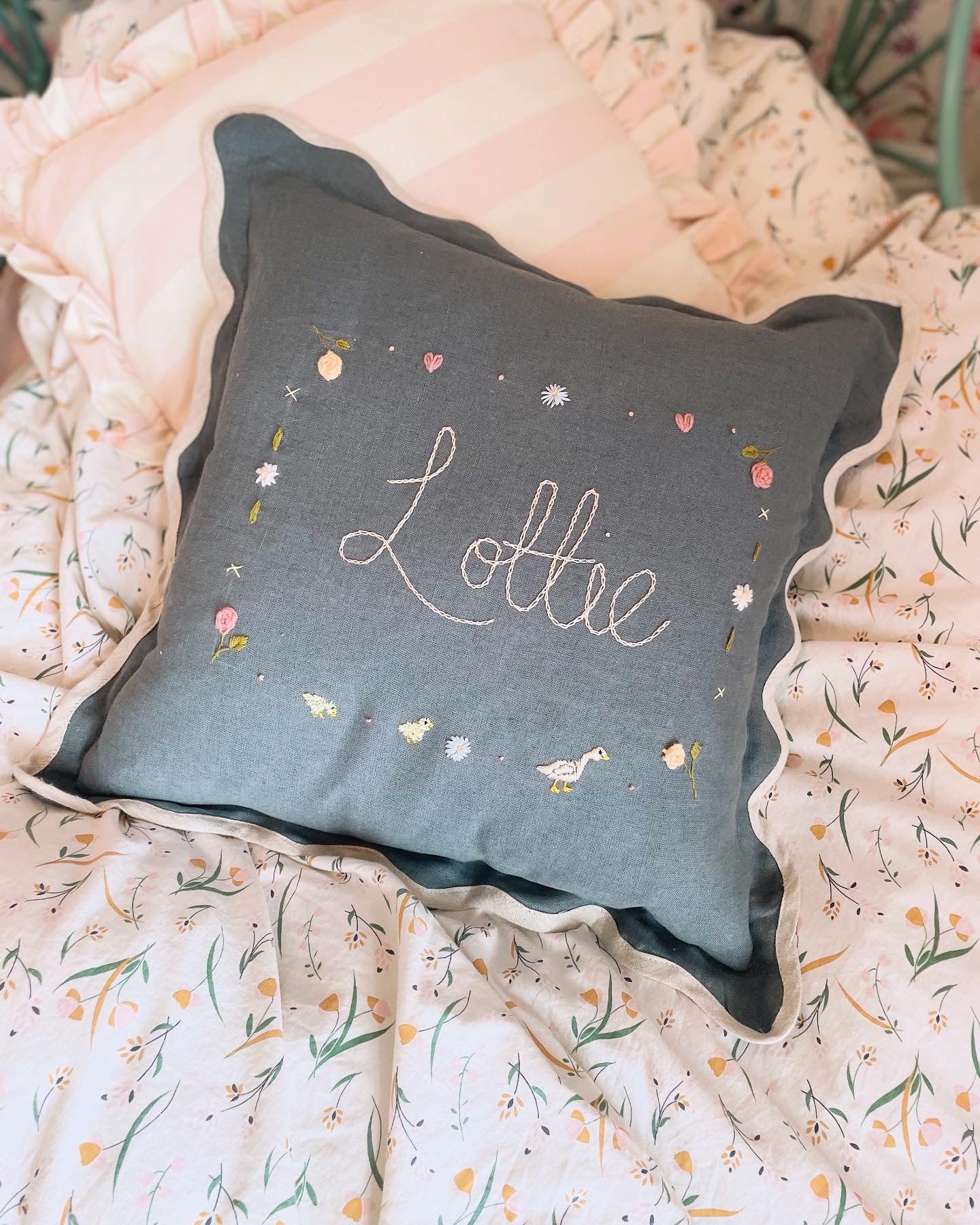 Navy Scallop Trim Bespoke Hand Embroidered Pillow
