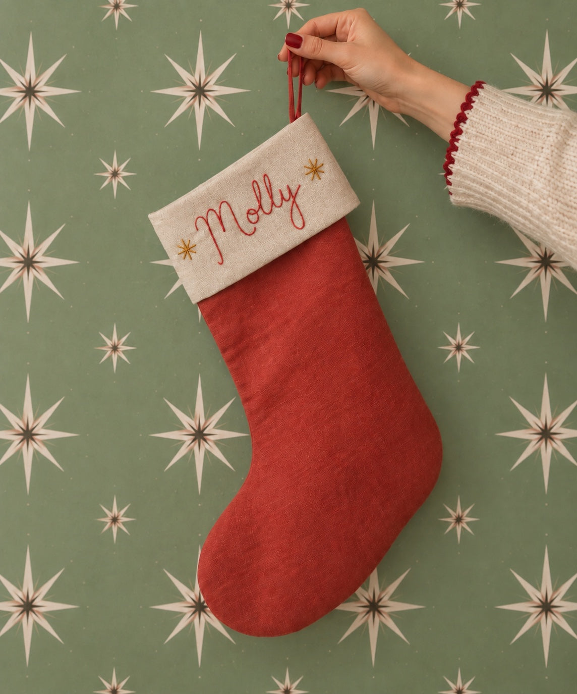 Personalised Green Linen Stocking