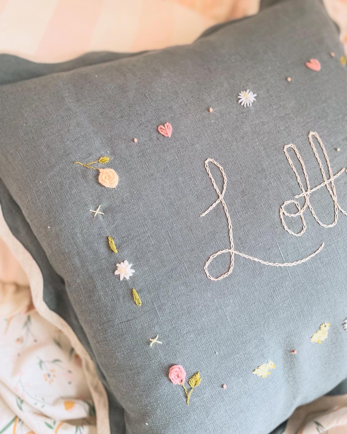 Cream Scallop Trim Bespoke Hand Embroidered Pillow