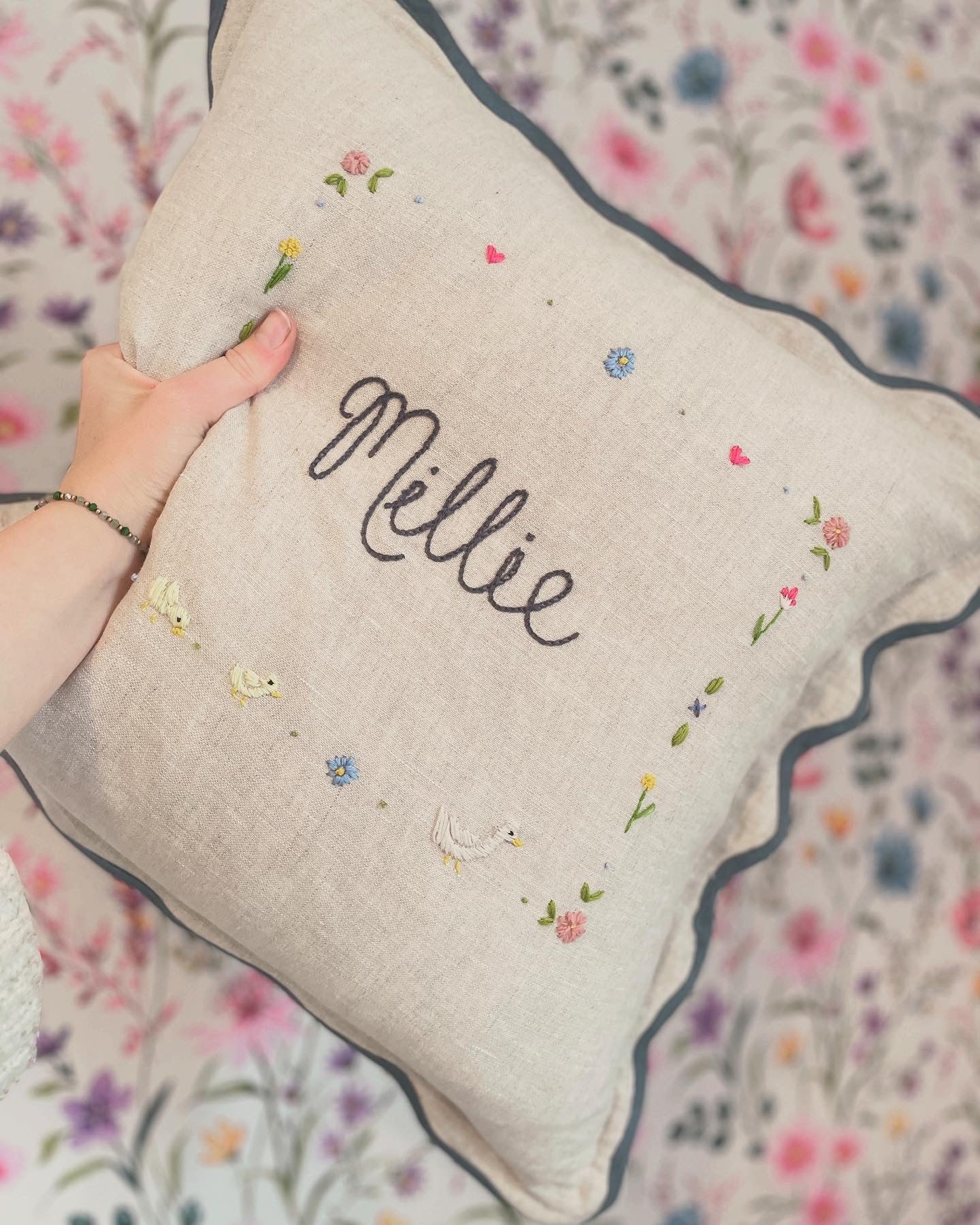Bespoke Hand Embroidered Teal Trim Scalloped Edge Pillow
