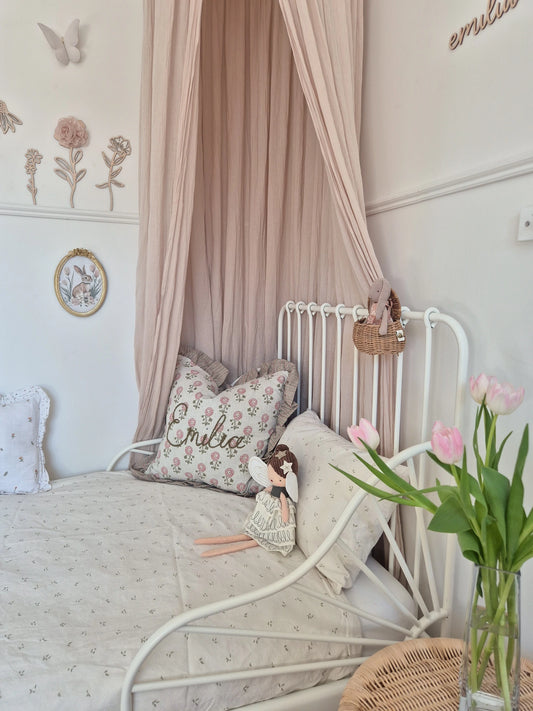 Floral Linen Embroidered Cushion with Ruffle Trim