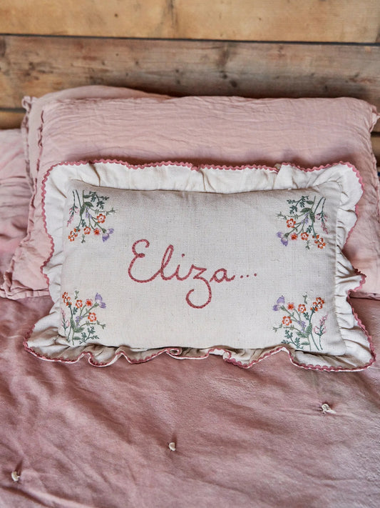 Floral Linen Embroidered Ruffle Trim Pillow