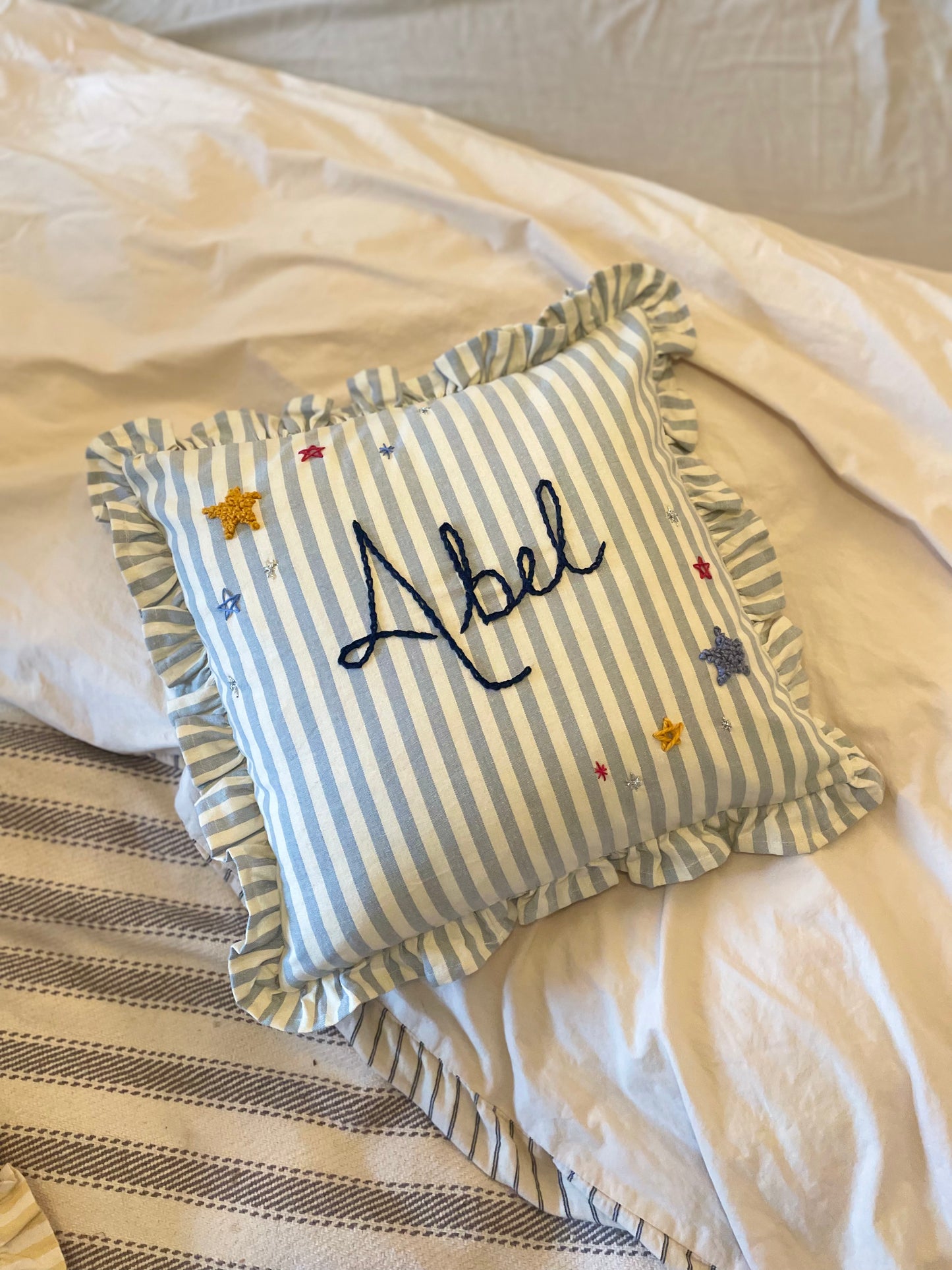 Space Theme Hand Embroidered Blue Stripe Cushion
