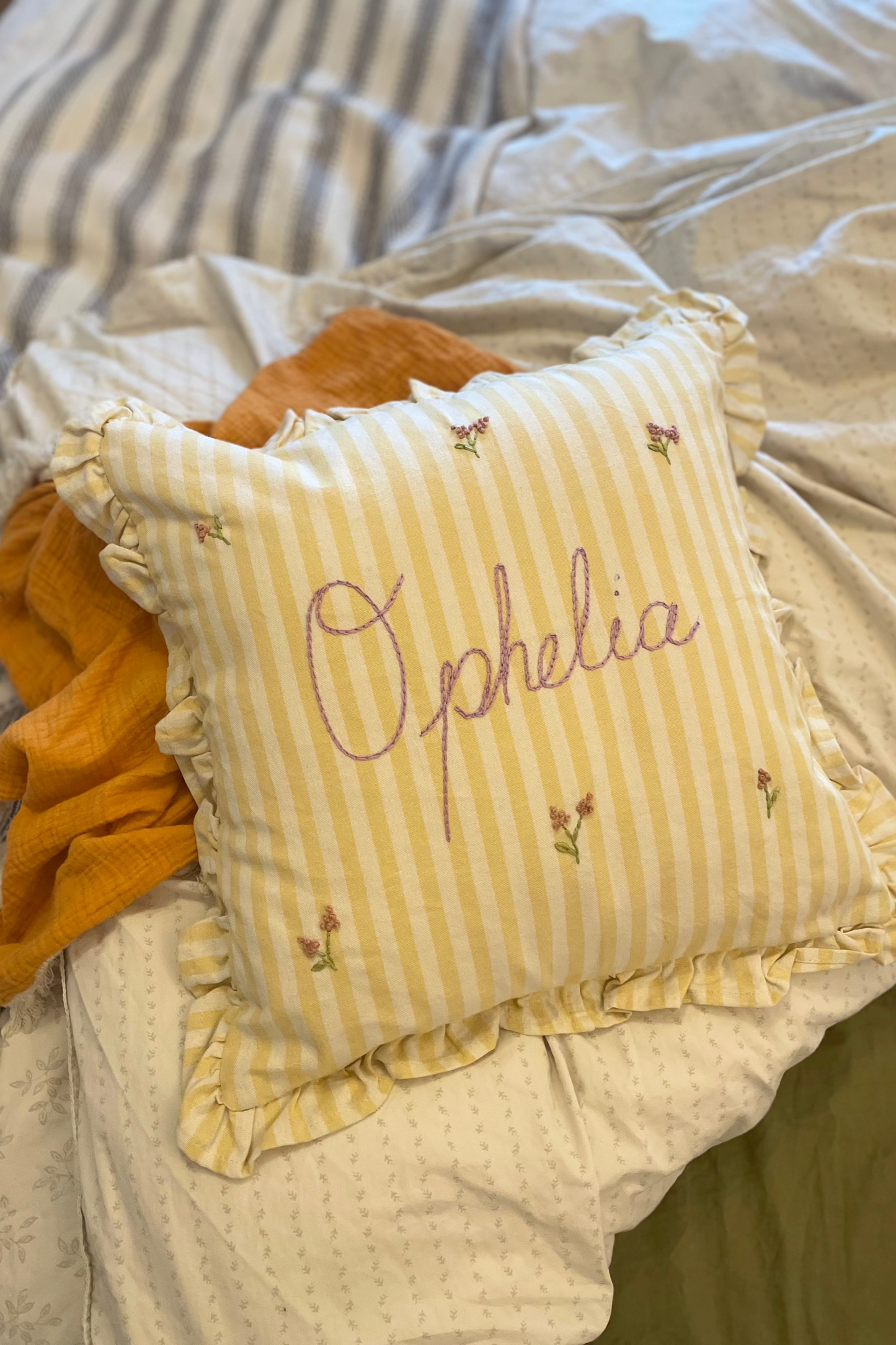 Lemon Stripe Hand Embroidered Pillow