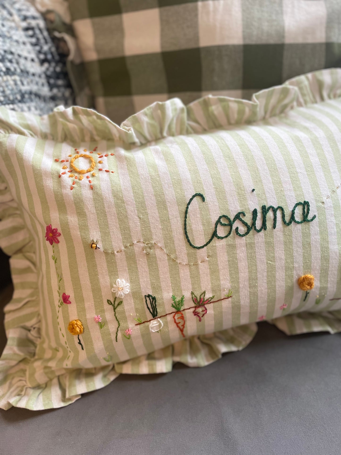 Green Stripe Hand Embroidered Cushion - Rectangular
