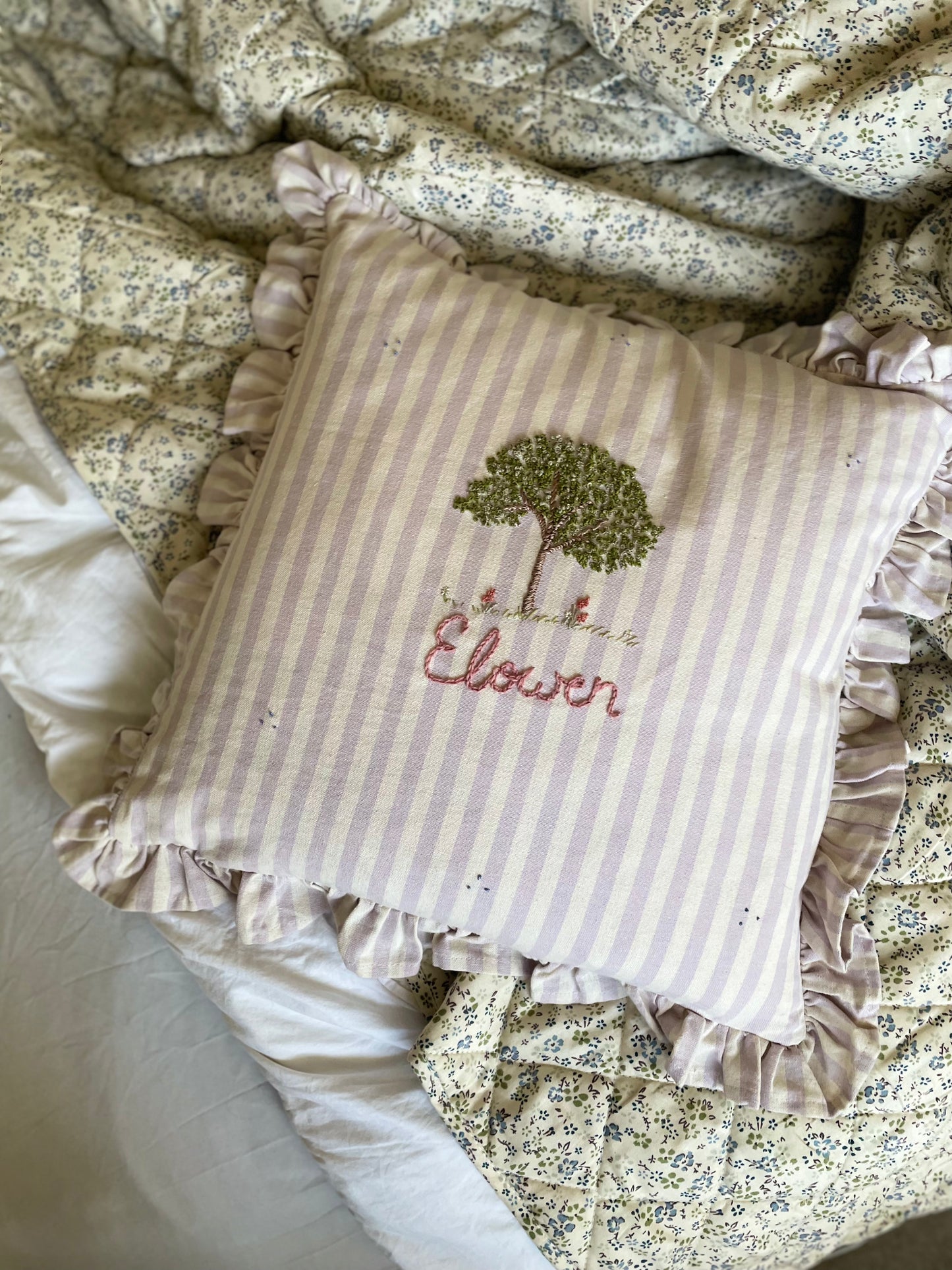 Lilac Stripe Hand Embroidered Pillow