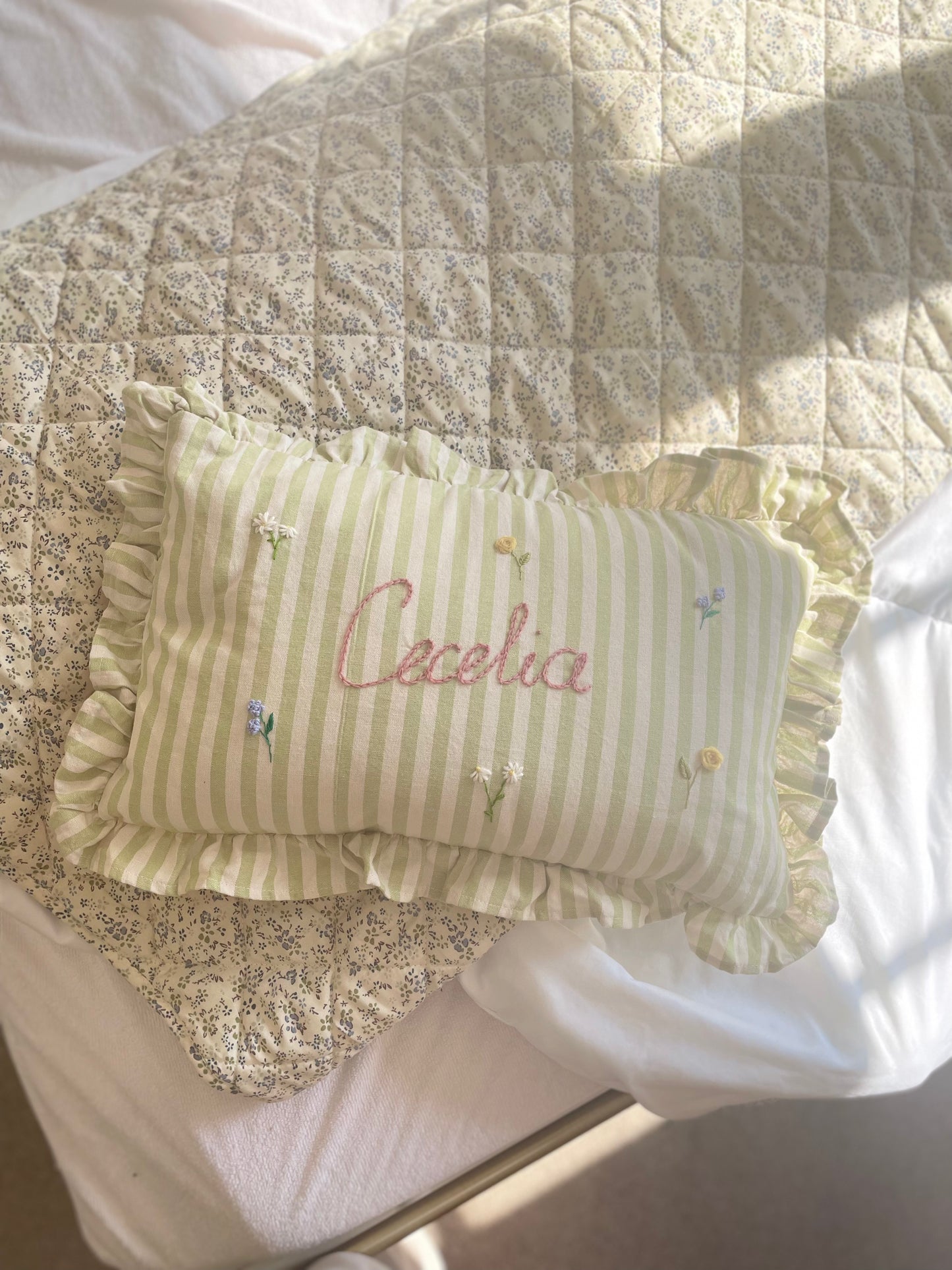 Green Stripe Hand Embroidered Cushion - Rectangular