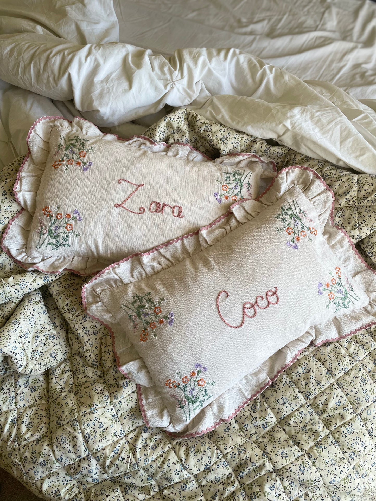 Floral Linen Embroidered Ruffle Trim Pillow