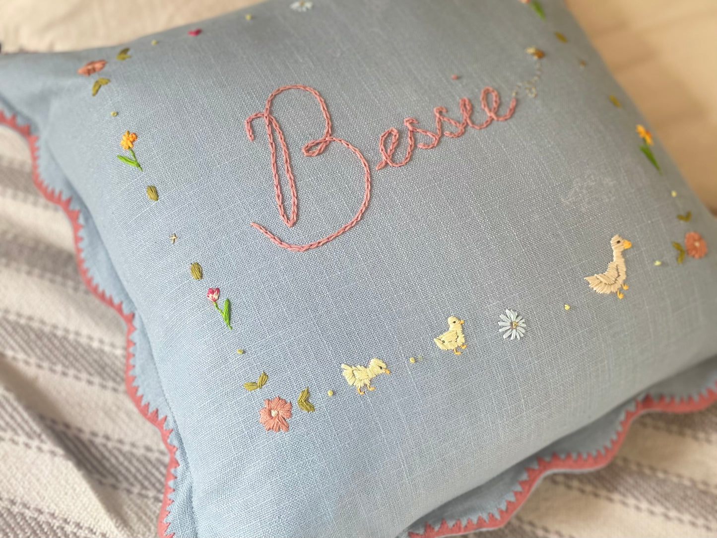 Navy Scallop Trim Bespoke Hand Embroidered Pillow
