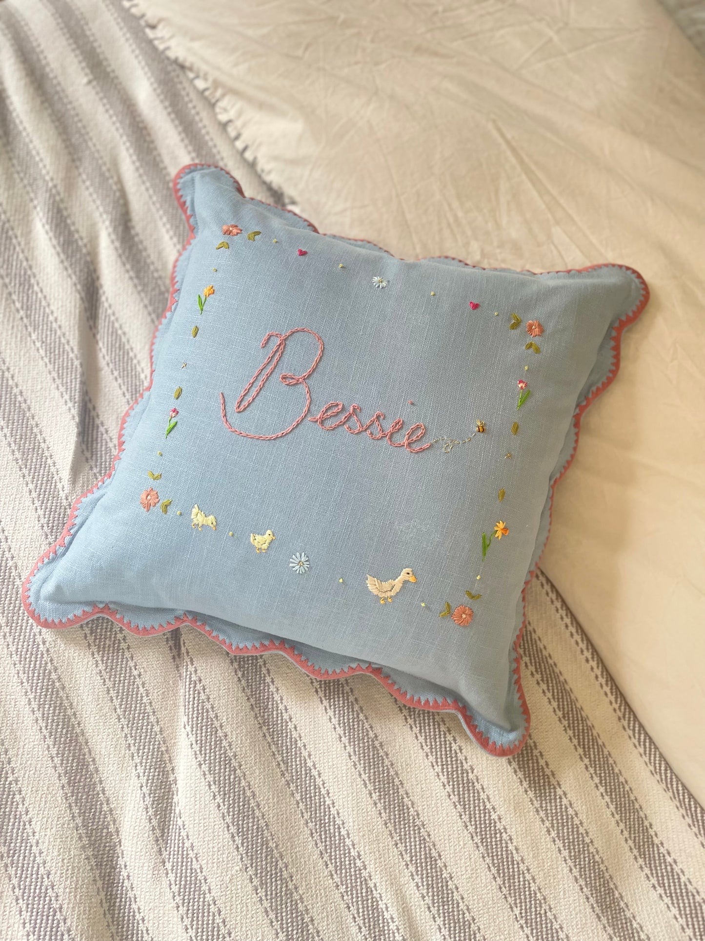 Cream Scallop Trim Bespoke Hand Embroidered Pillow