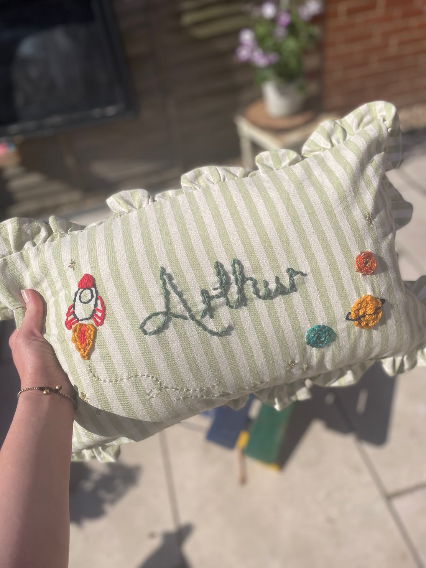 Green Stripe Hand Embroidered Cushion - Rectangular
