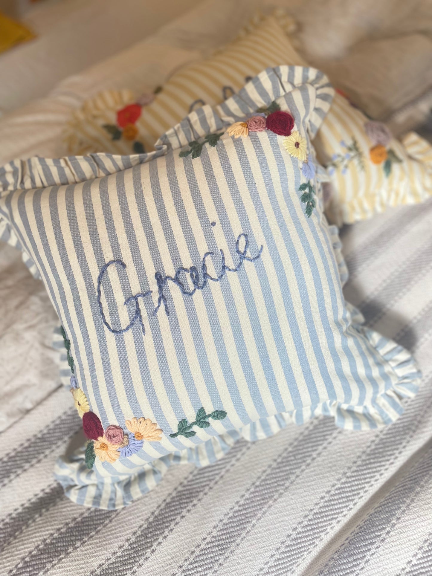 Space Theme Hand Embroidered Blue Stripe Cushion