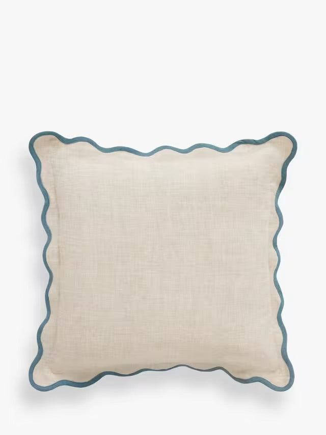 Bespoke Hand Embroidered Teal Trim Scalloped Edge Pillow