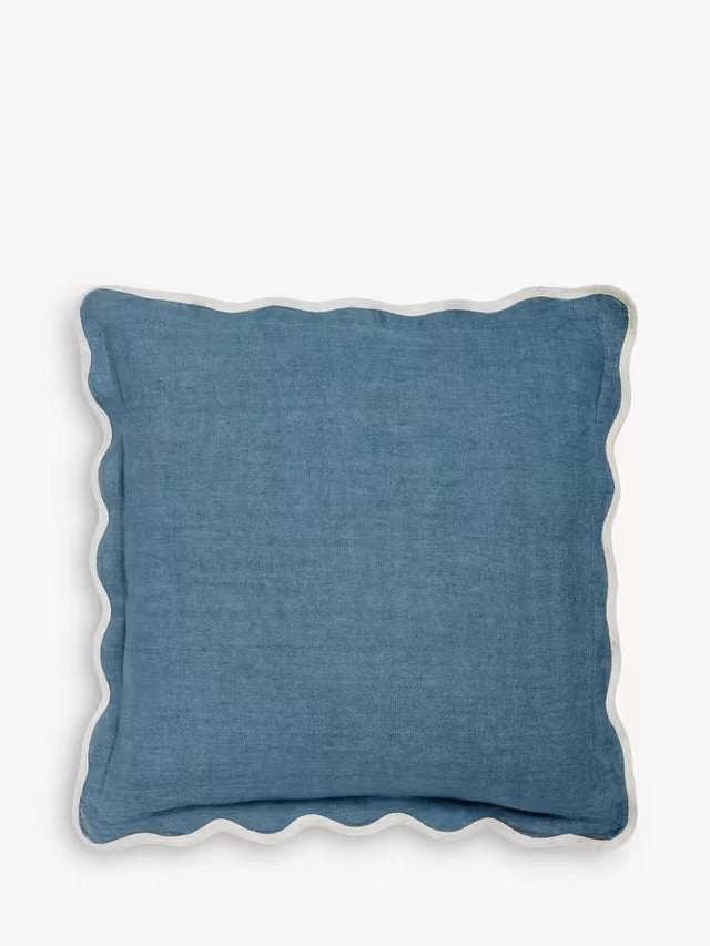 Bespoke Hand Embroidered Teal Trim Scalloped Edge Pillow