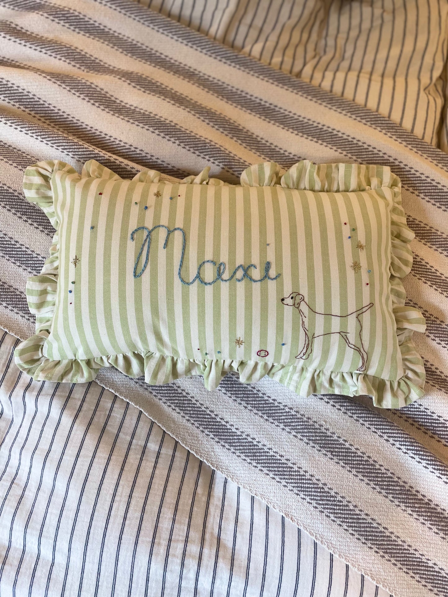 Green Stripe Hand Embroidered Cushion - Rectangular