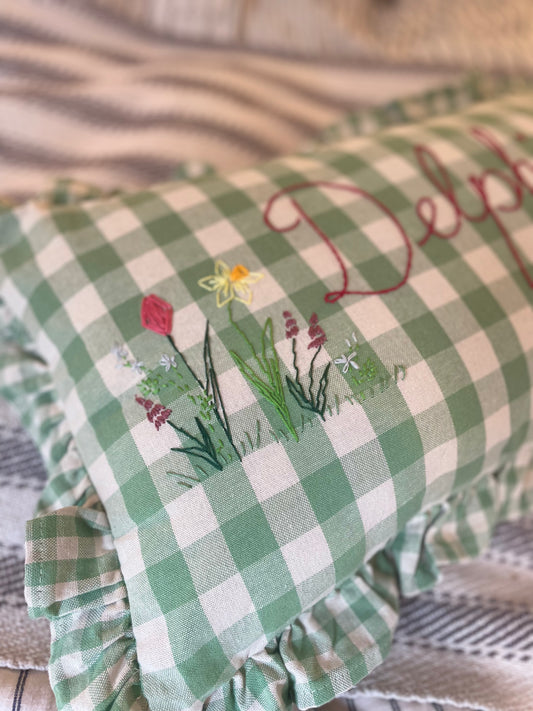 Green Gingham Hand Embroidered Cushion - Rectangular