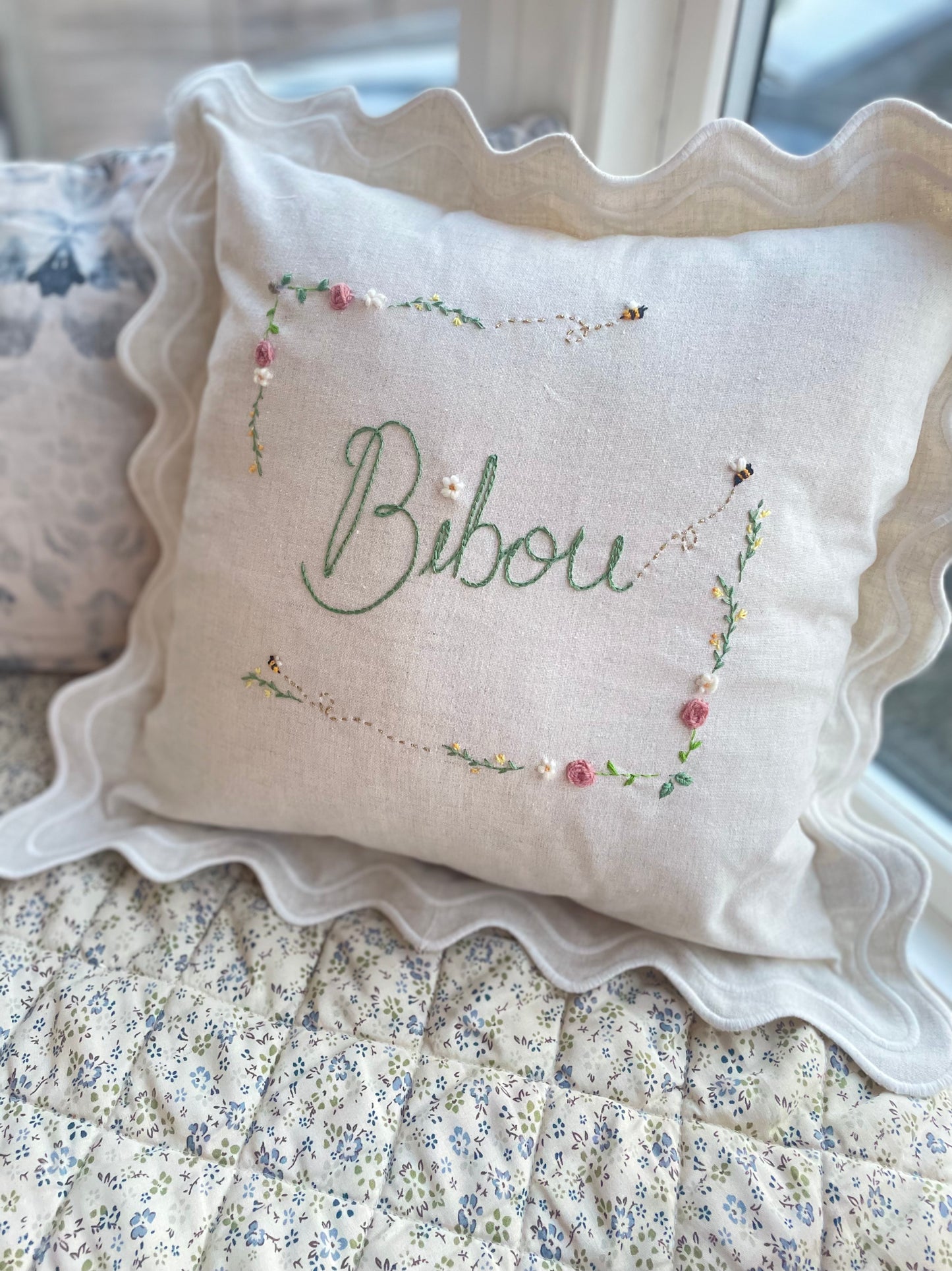 Navy Scallop Trim Bespoke Hand Embroidered Pillow
