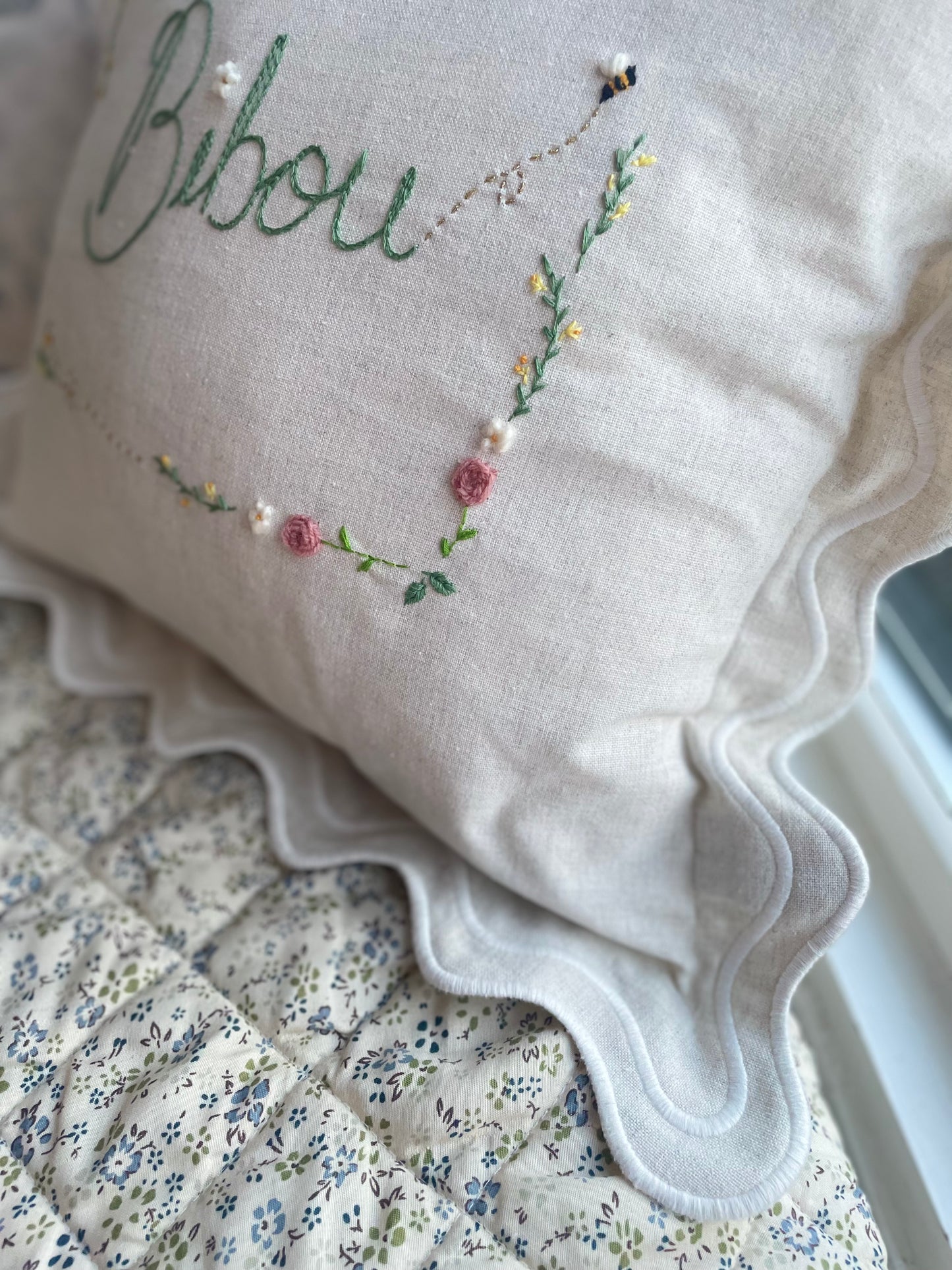 Navy Scallop Trim Bespoke Hand Embroidered Pillow