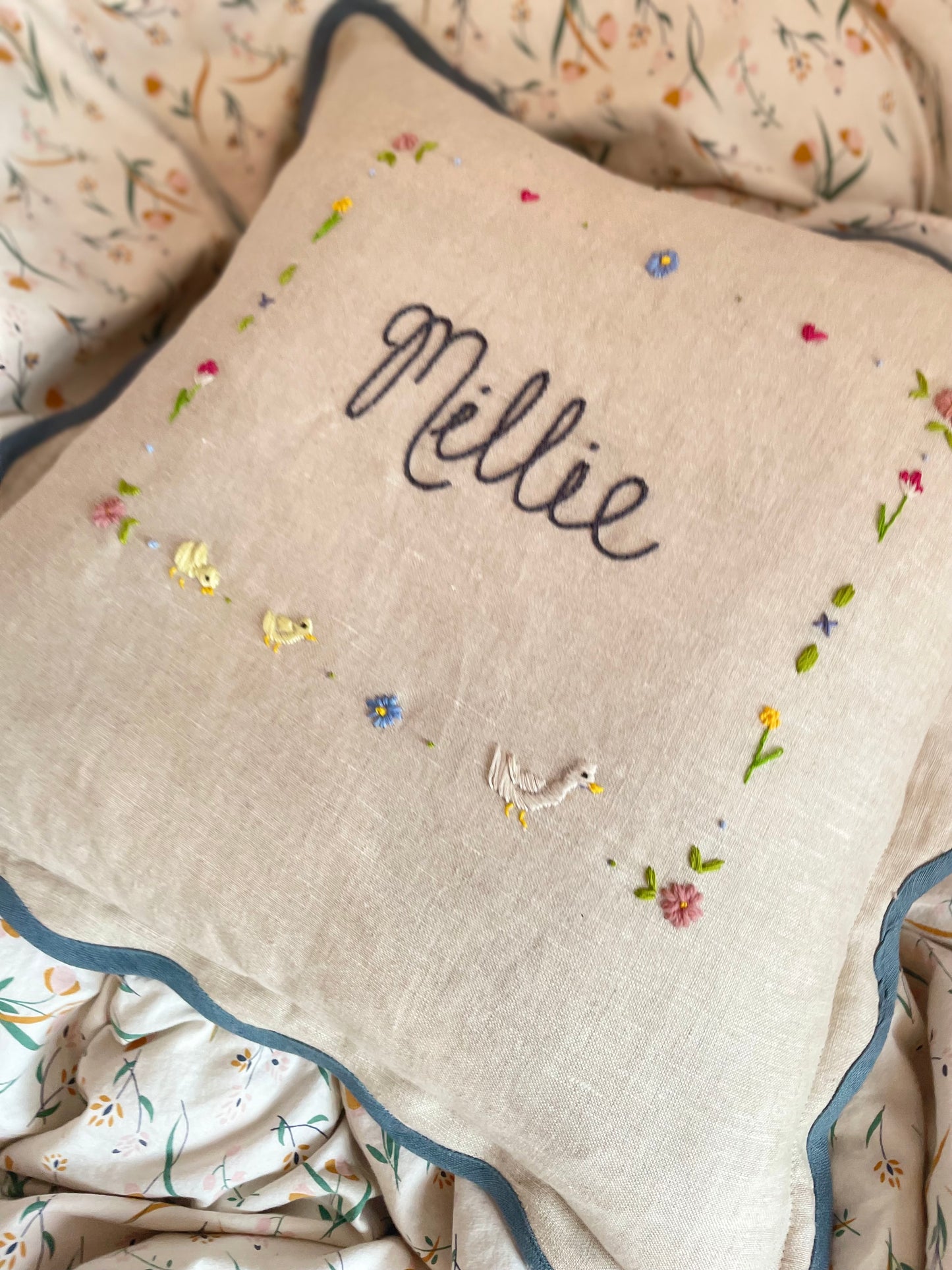 Bespoke Hand Embroidered Teal Trim Scalloped Edge Pillow