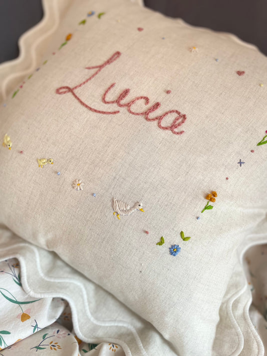 Cream Scallop Trim Bespoke Hand Embroidered Pillow