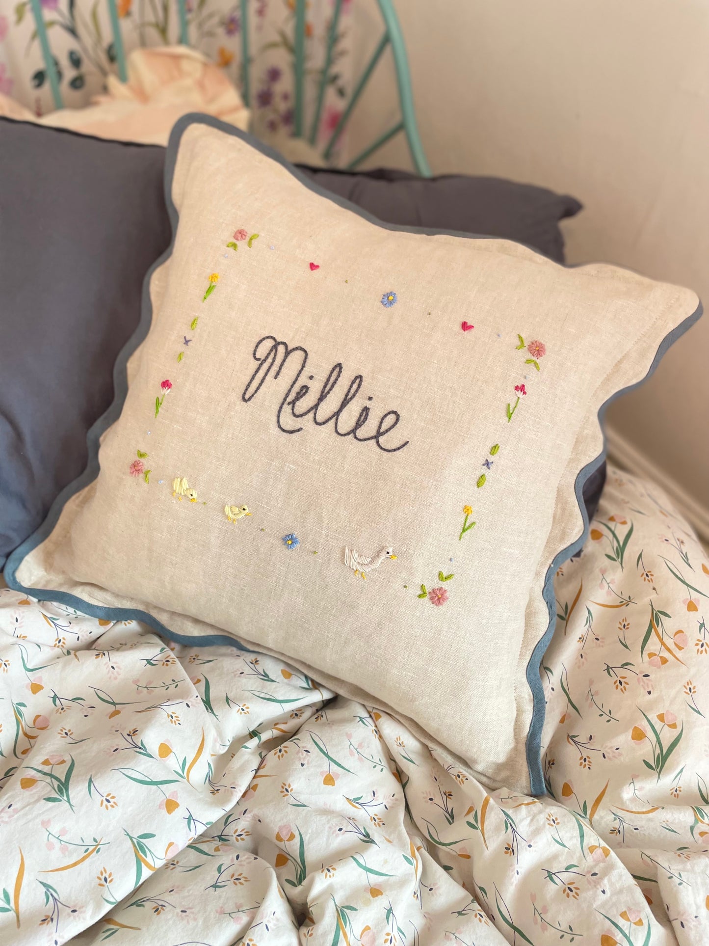 Bespoke Hand Embroidered Teal Trim Scalloped Edge Pillow