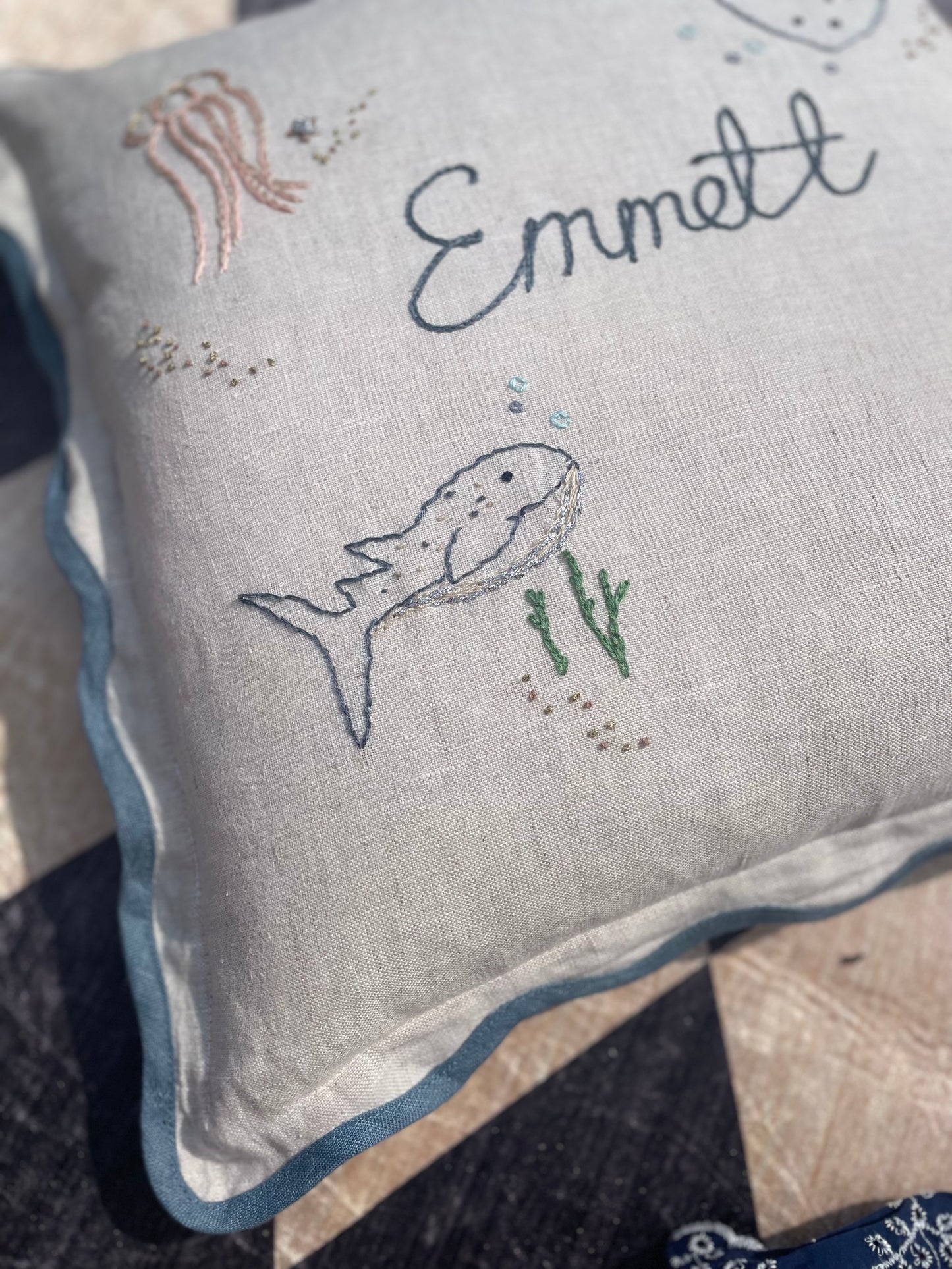 Bespoke Hand Embroidered Teal Trim Scalloped Edge Pillow