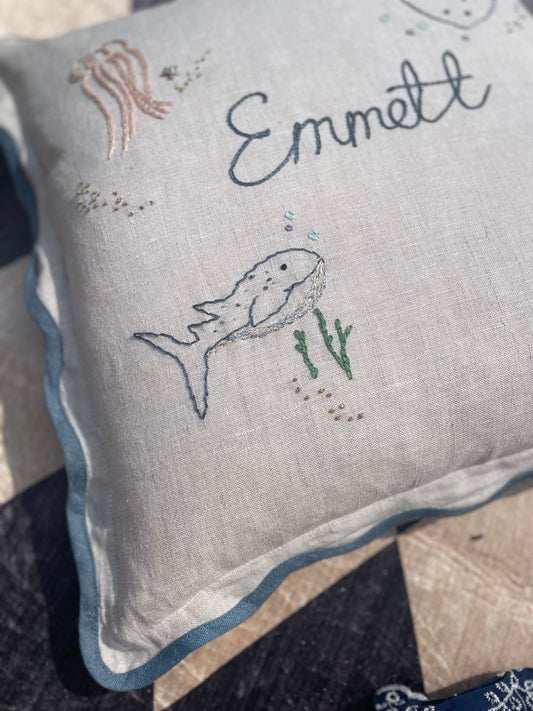 Bespoke Hand Embroidered Teal Trim Scalloped Edge Pillow