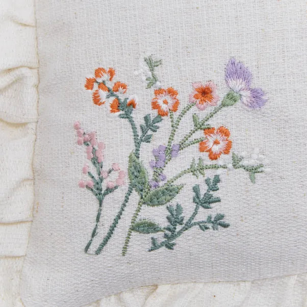 Floral Linen Embroidered Ruffle Trim Pillow