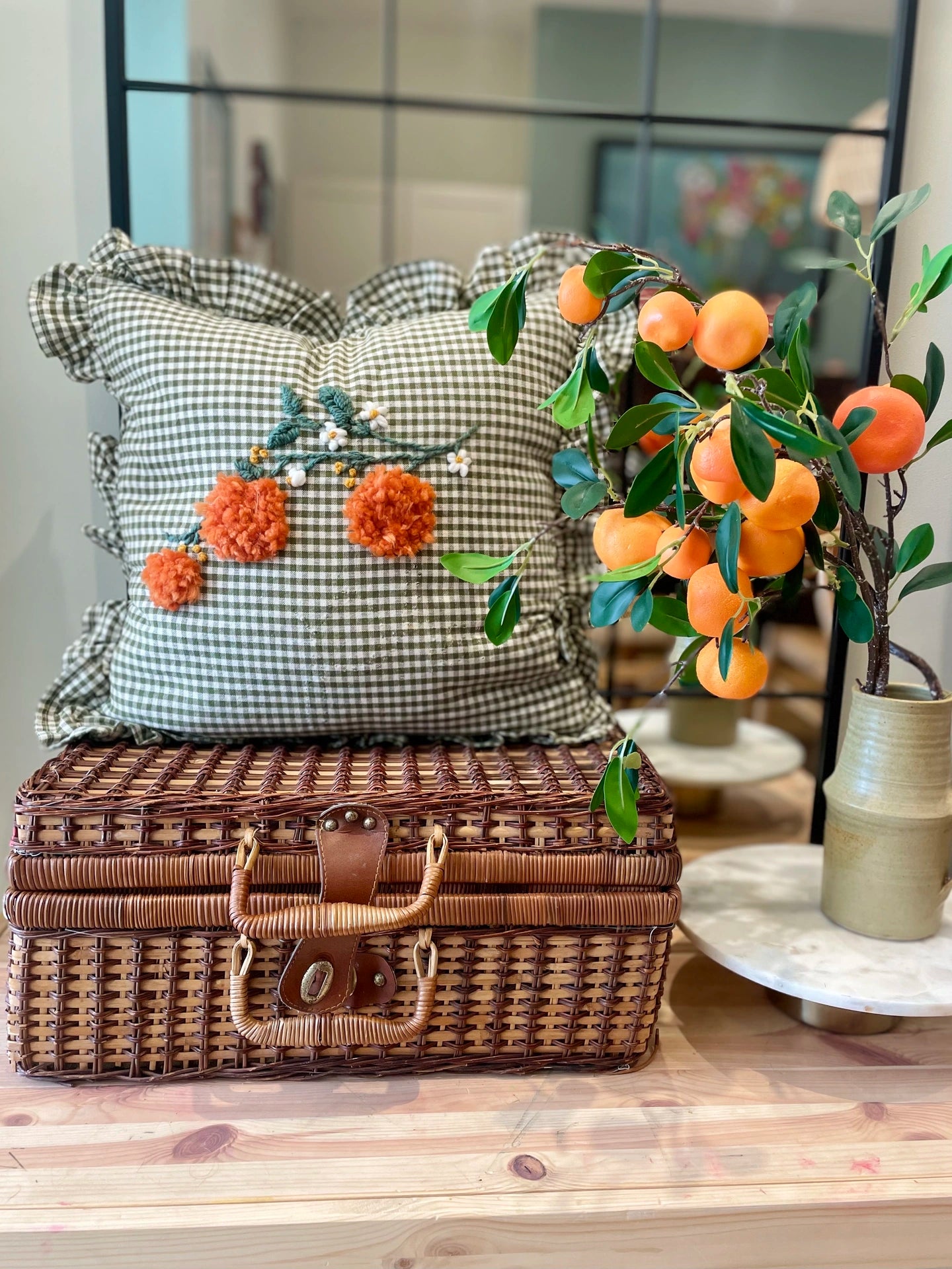 Pom Pom Oranges - Hand Embroiderd Green Gingham Cushion