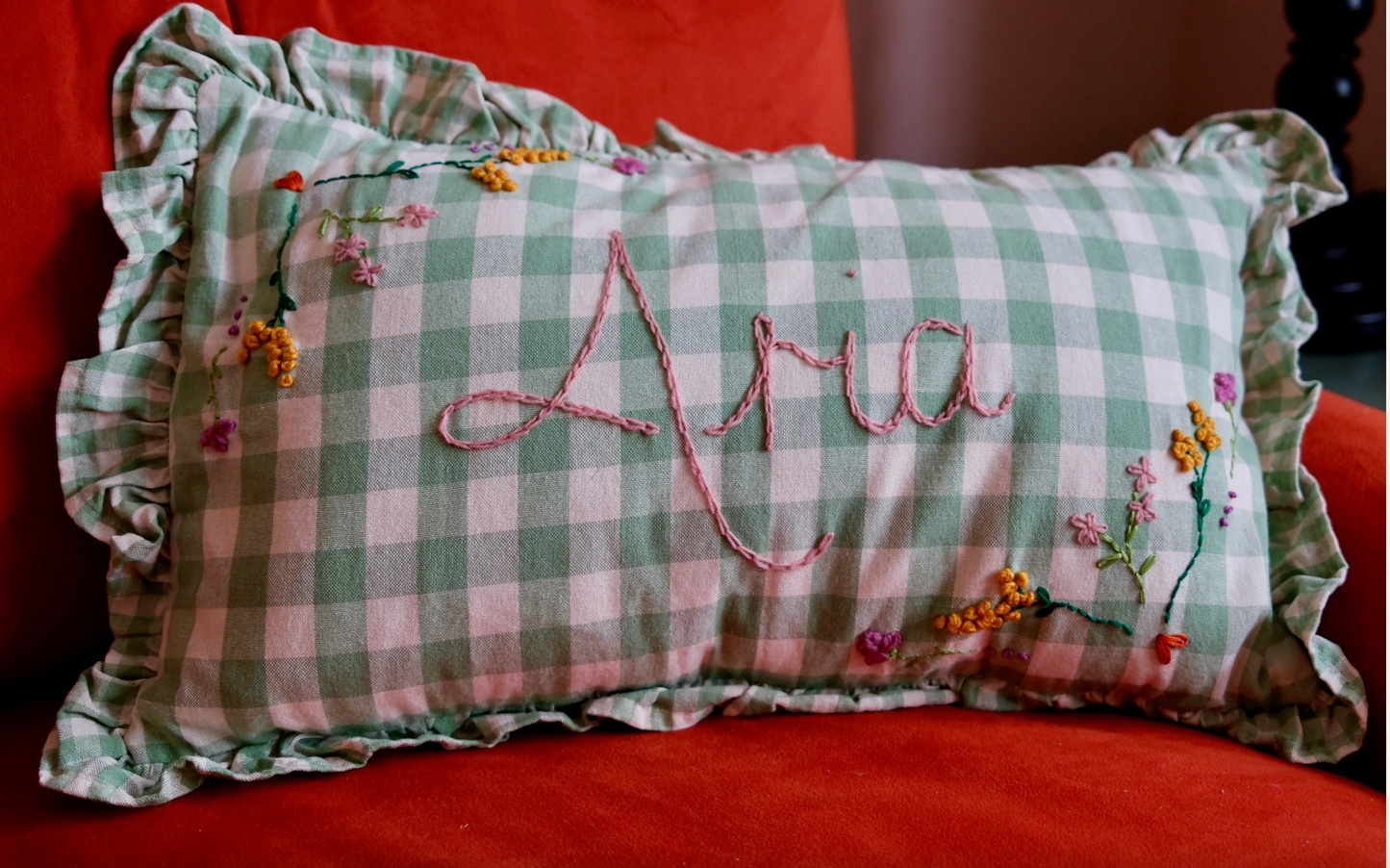 Green Gingham Hand Embroidered Cushion - Rectangular