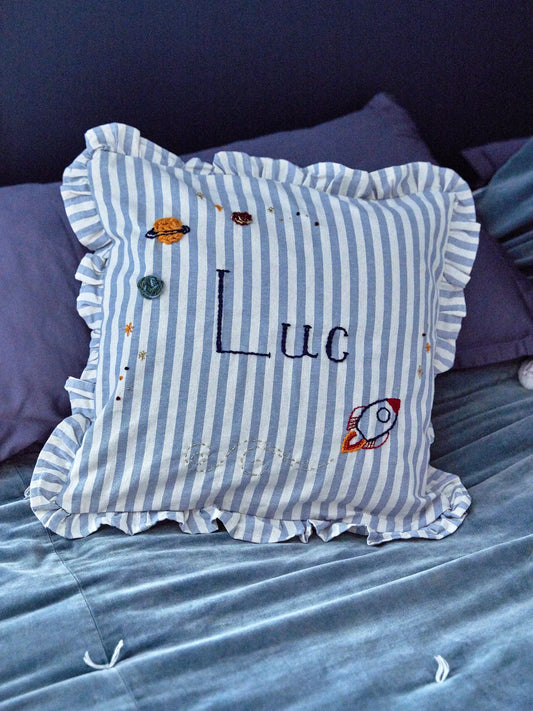 Space Theme Hand Embroidered Blue Stripe Cushion