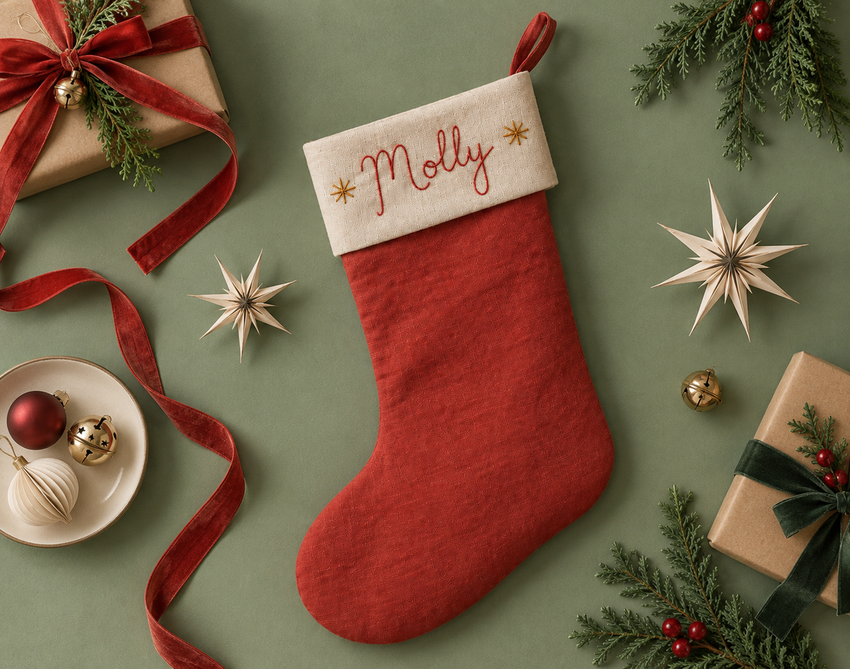Personalised Green Linen Stocking