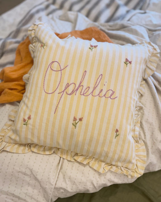 Lemon Stripe Hand Embroidered Pillow