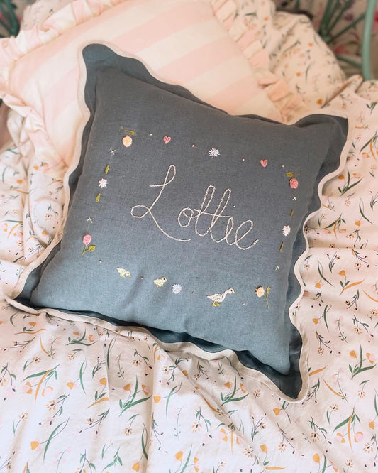 Navy Scallop Trim Bespoke Hand Embroidered Pillow