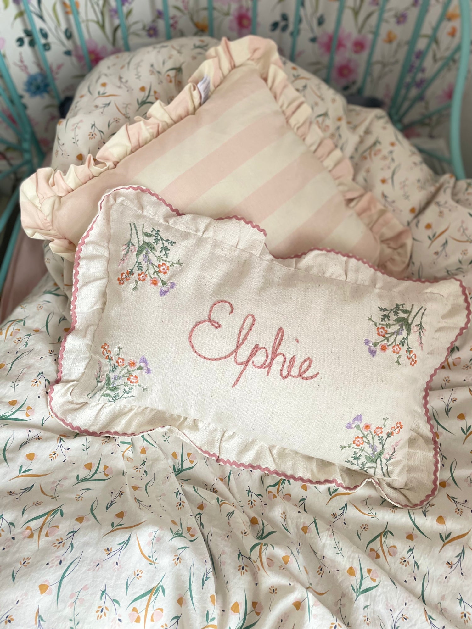 Hand Embroidered Floral Nursery Pillow 