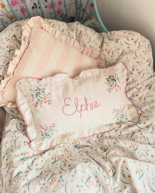 Floral Linen Embroidered Ruffle Trim Pillow