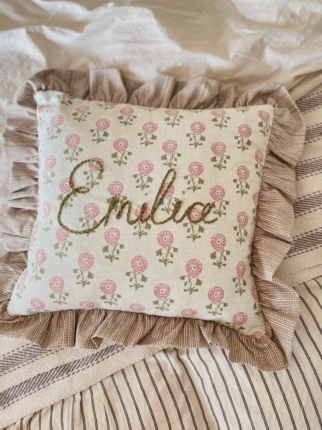 Floral Linen Embroidered Cushion with Ruffle Trim