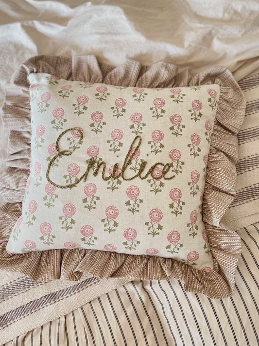 Floral Linen Embroidered Cushion with Ruffle Trim