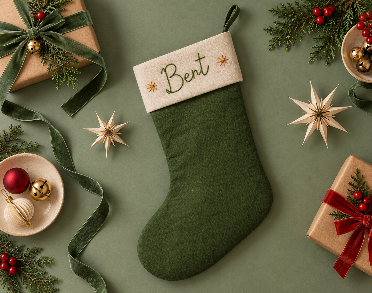 Personalised Green Linen Stocking