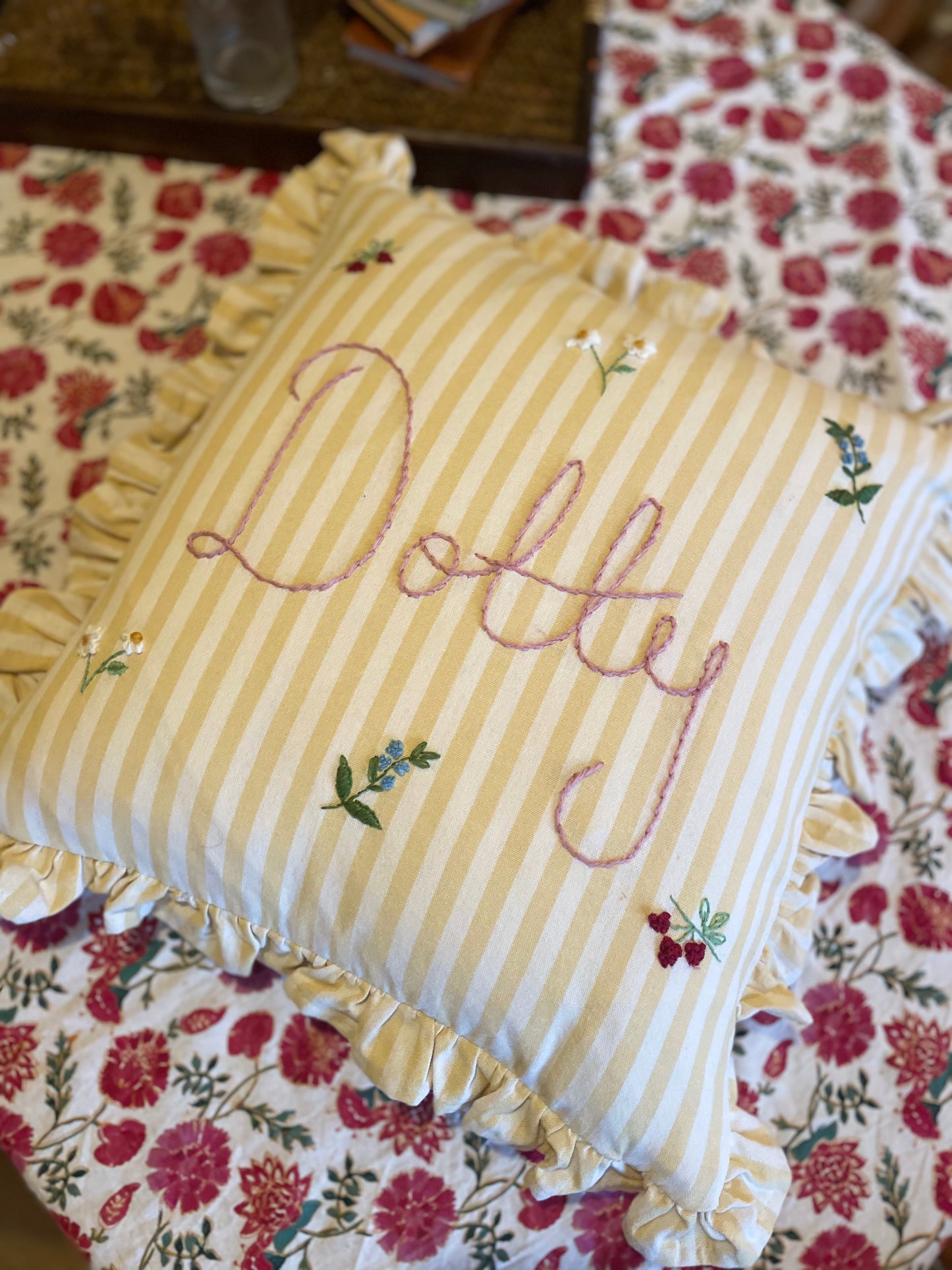 Lemon Stripe Hand Embroidered Pillow