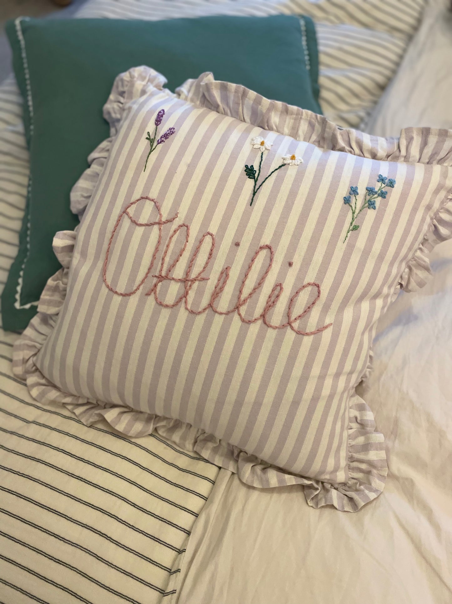 Lilac Stripe Hand Embroidered Pillow