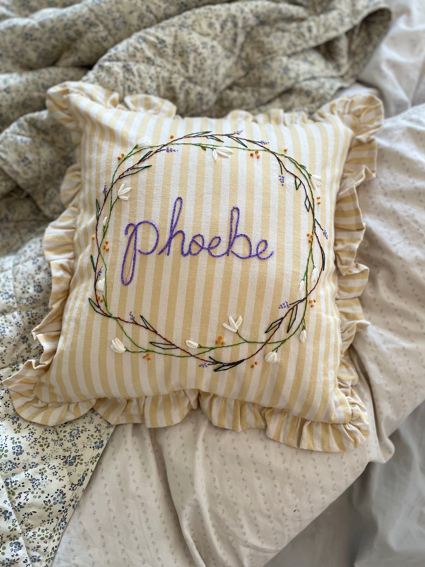 Lemon Stripe Hand Embroidered Pillow