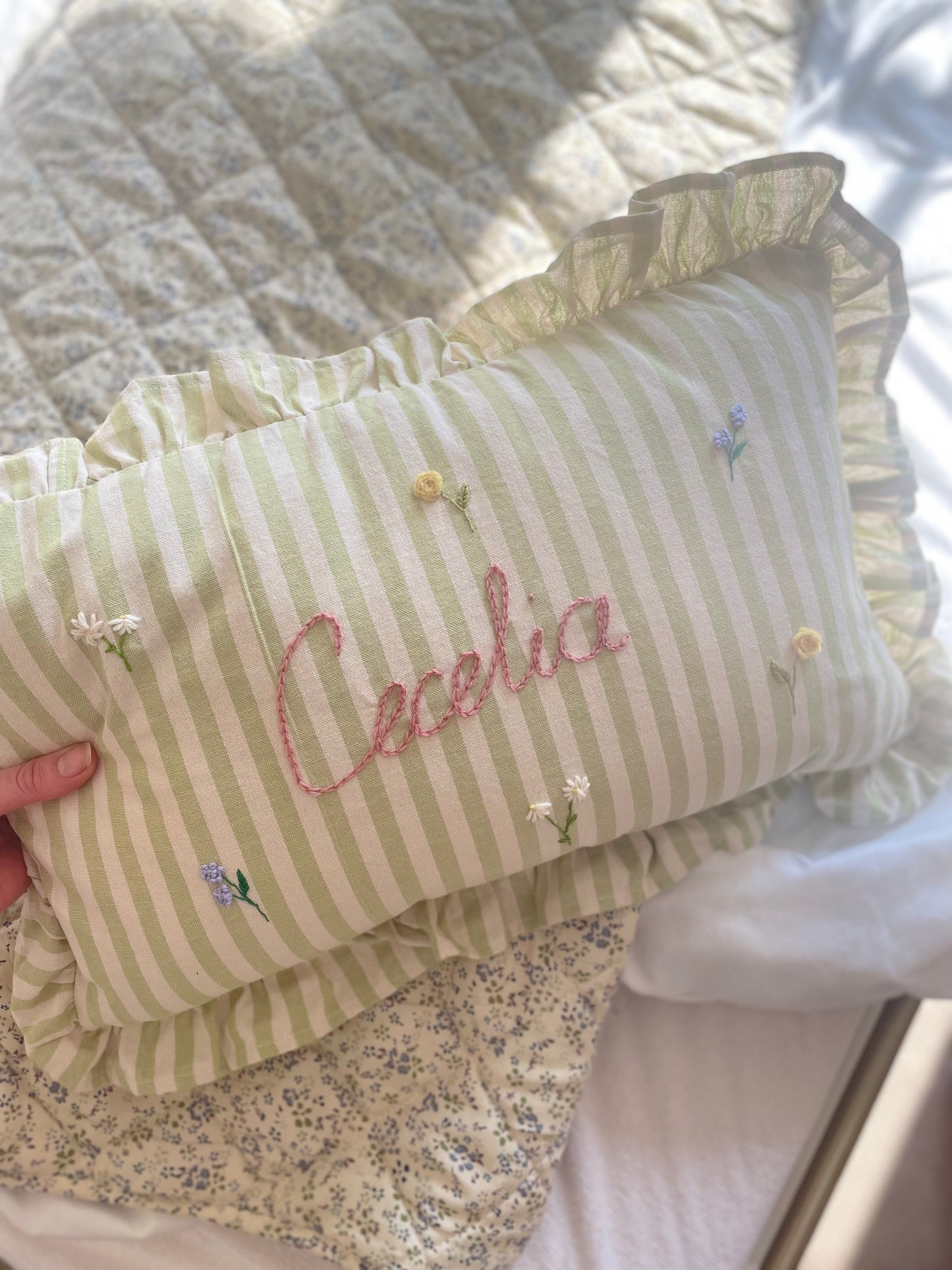 Green Stripe Hand Embroidered Cushion - Rectangular