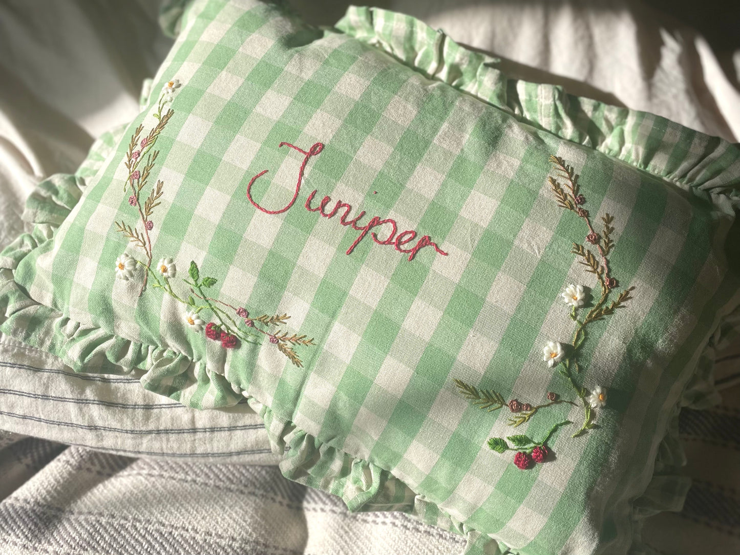 Green Gingham Hand Embroidered Cushion - Rectangular