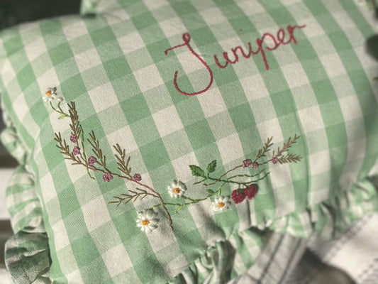 Green Gingham Hand Embroidered Cushion - Rectangular