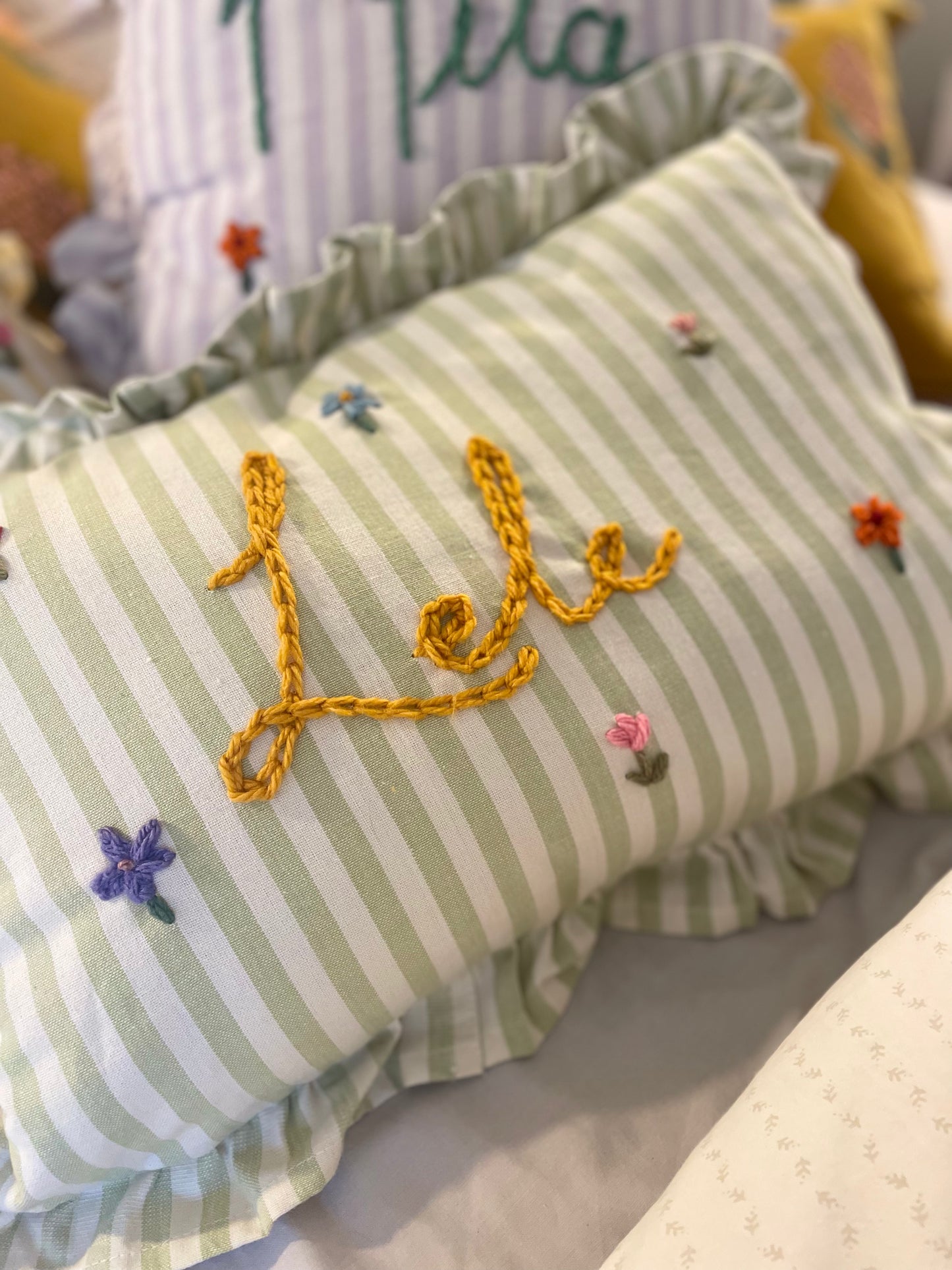 Green Stripe Hand Embroidered Cushion - Rectangular